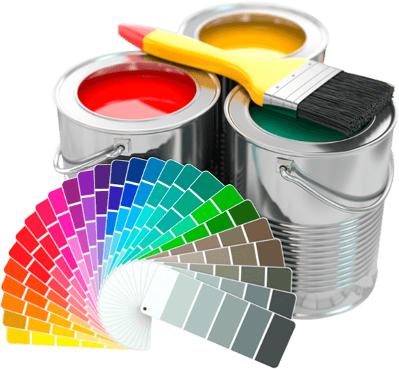 Paint buckets, brushes and color swatches